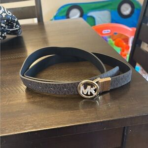 Michael Kors Black/Brown Logo Reversible Leather Belt with Gold MK Buckle